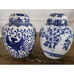 2/ 5in Fenghuang Phoenix Bird + Floral Lidded Ginger Jars Porcelain Blue White